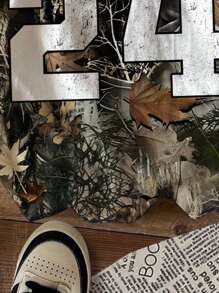 青少年女孩休闲简约字母和数字图案 24 针织超宽松 T 恤适合夏季，适合运动游戏，迷彩树枝印花，休闲短袖，时尚上衣 - 彩色 - 查看 6