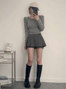 DAZY 女式纯色褶皱A字迷你短裙，秋季半身裙