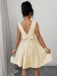 Elenzga 女士纯色蝴蝶结装饰圆领无袖连衣裙 - 杏色 - 查看 7