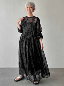 FRIFUL Women's Relaxed Fit Round Neck Midi Dress With Full Floral Print, Comfortable Casual Holiday/Music Festival Outfit Women Casual Dress Women Dresses Birthday Women Plus Black Dress Work Fall Dresses Women Plus Sun Dress Long Sleeve Dress