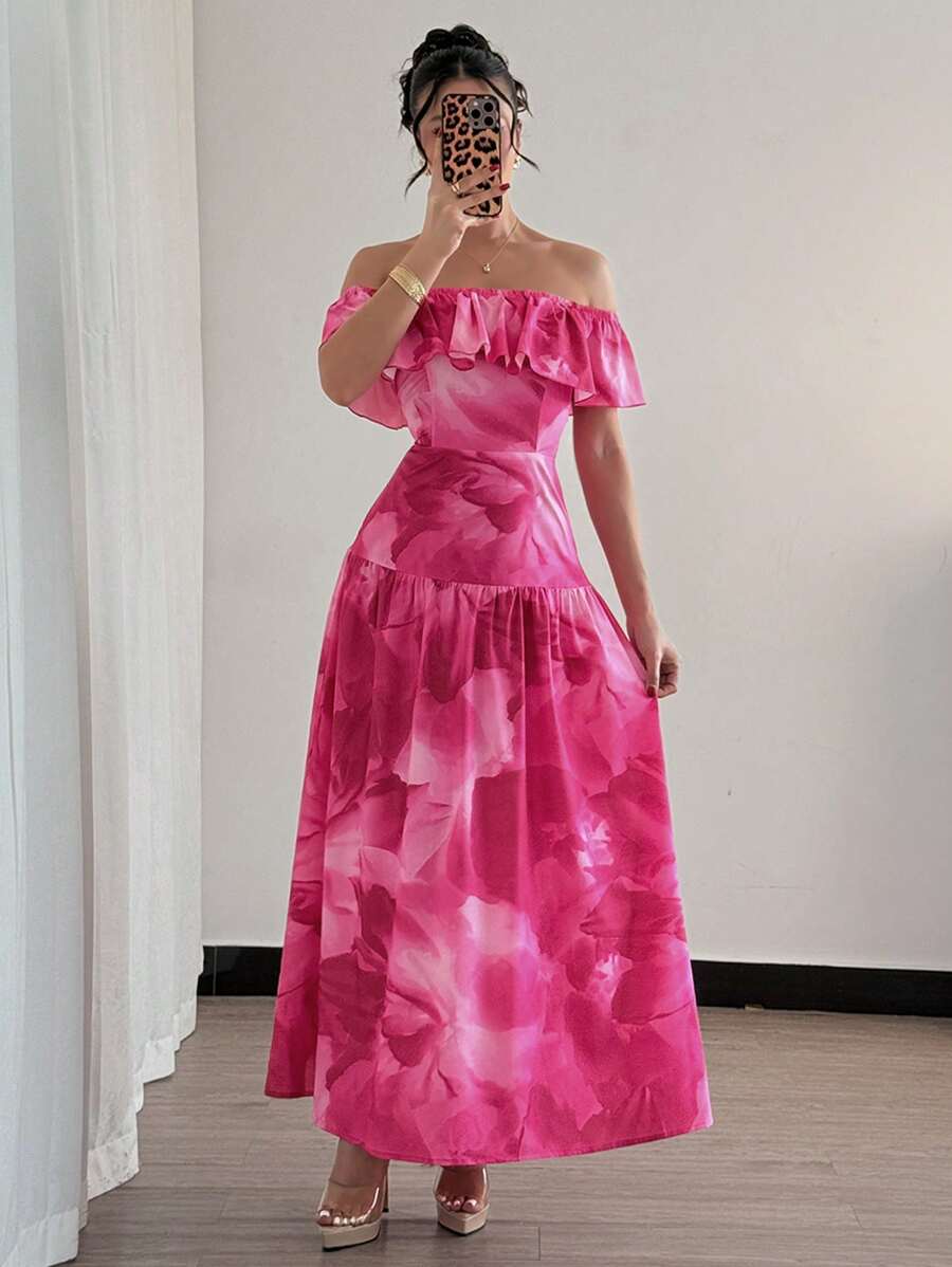 Elenzga Randomly Floral Pattern Elastic Waist Ruffle Hem Maxi Dress, Purple & Pink Tie-Dye Slim Fit Sleeveless Bohemian Holiday Dress For Women, Spring/Summer Elegant Suitable For Date, Travel, Graduation