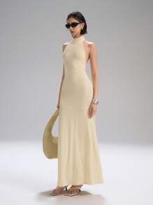 LYSMO Đầm suông hở lưng cổ chữ V sâu cho nữ - Kỳ nghỉ xuân/hè - 2025Hàng mới về - Màu be - Xem 4