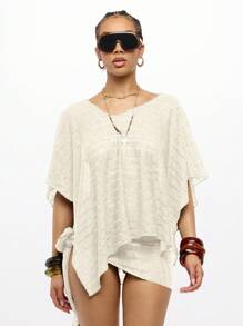 SUMWON WOMEN V Neck Off Shoulder Slouchy Knit Cover Up Ladder Stitching Resort Beach Pool Swimsuit Cover Up Swim Poncho Resort Top Outdoor Summer Beachwear - Cream - View 1