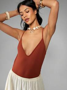 MISSGUIDED Plunging Neckline Bodysuit With Cross Back Design Sleeveless Summer Criss Cross Straps Beachwear Resort Wear One Piece Swimwear Alternative - Chocolate Brown - View 2
