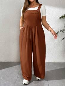 SHEIN Essnce 大码女装春夏时尚休闲宽松舒适日常卡其色吊带阔腿裤连体裤，女装夏季服装，沙滩度假，春装 - 鏽棕色 - 查看 6