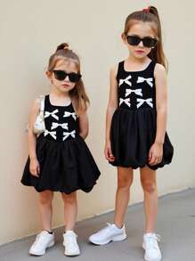 Young Girl Solid Color Crew Neck Knit Patchwork Ruffle Hem Snug Fit Dress - Black - View 7