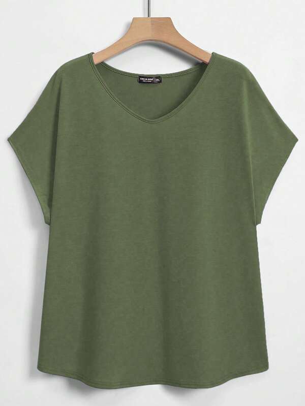 Lacomfia Camiseta feminina plus size casual de verão versátil cor sólida morcego