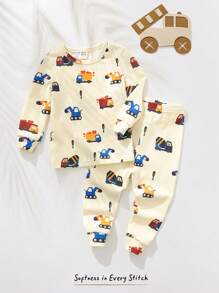 Cozy Pixies Pijama 2 Peças Ajustado, Top de Manga Longa Gola Redonda Macia com Estampa de Carro de Desenho Animado para Menino Bebê e Calça Longa Cintura Elástica com Ajuste Slim