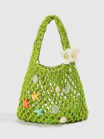 Fairycore 1 Stück modischer und personalisierter Strandtasche im Frühlings-/Sommerstil mit Seegrün, Meeresmuscheln und Seesterndekoration, inklusive 1 Tasche und 1 Zubehör-Set, zum selbst gestalten für Frauen