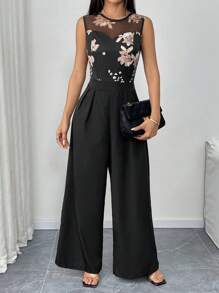 Chiquease Women's Floral Print Contrast Mesh Sleeveless Wide Leg Jumpsuit, Vacation Style - Black - View 3