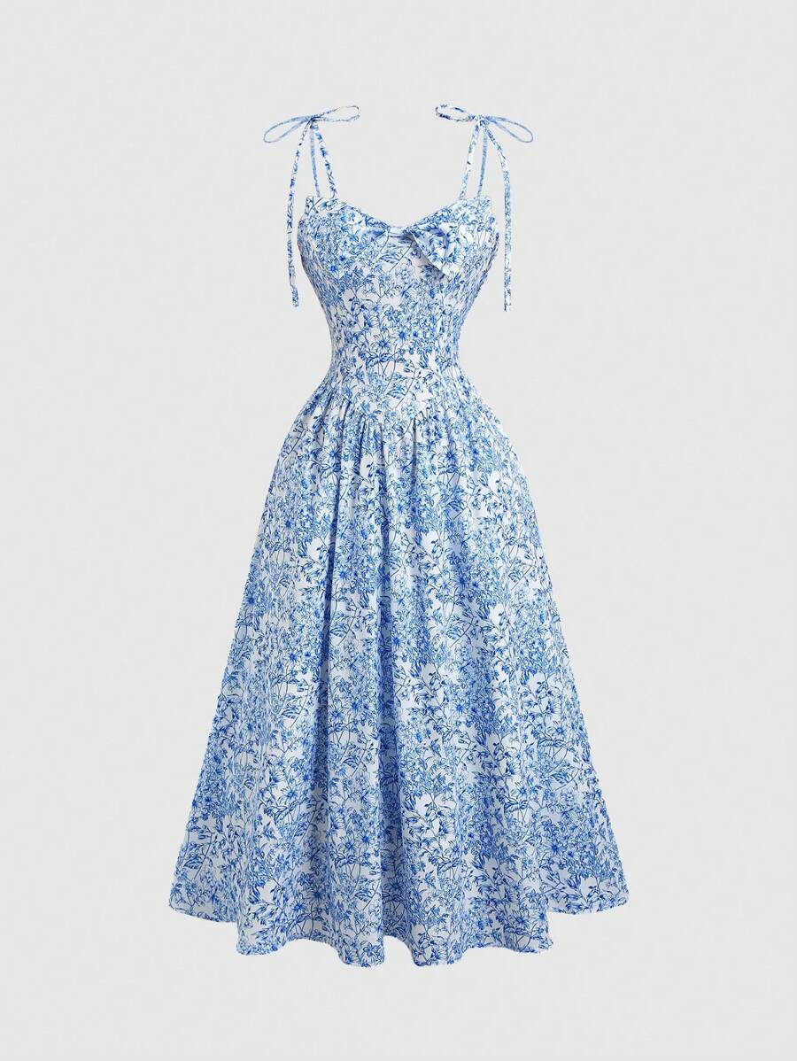 SHEIN Unity Vintage French Style Polka Dot Red Backless Waist-Cinched Bowknot Printed Dress For Women - Blue - View 1