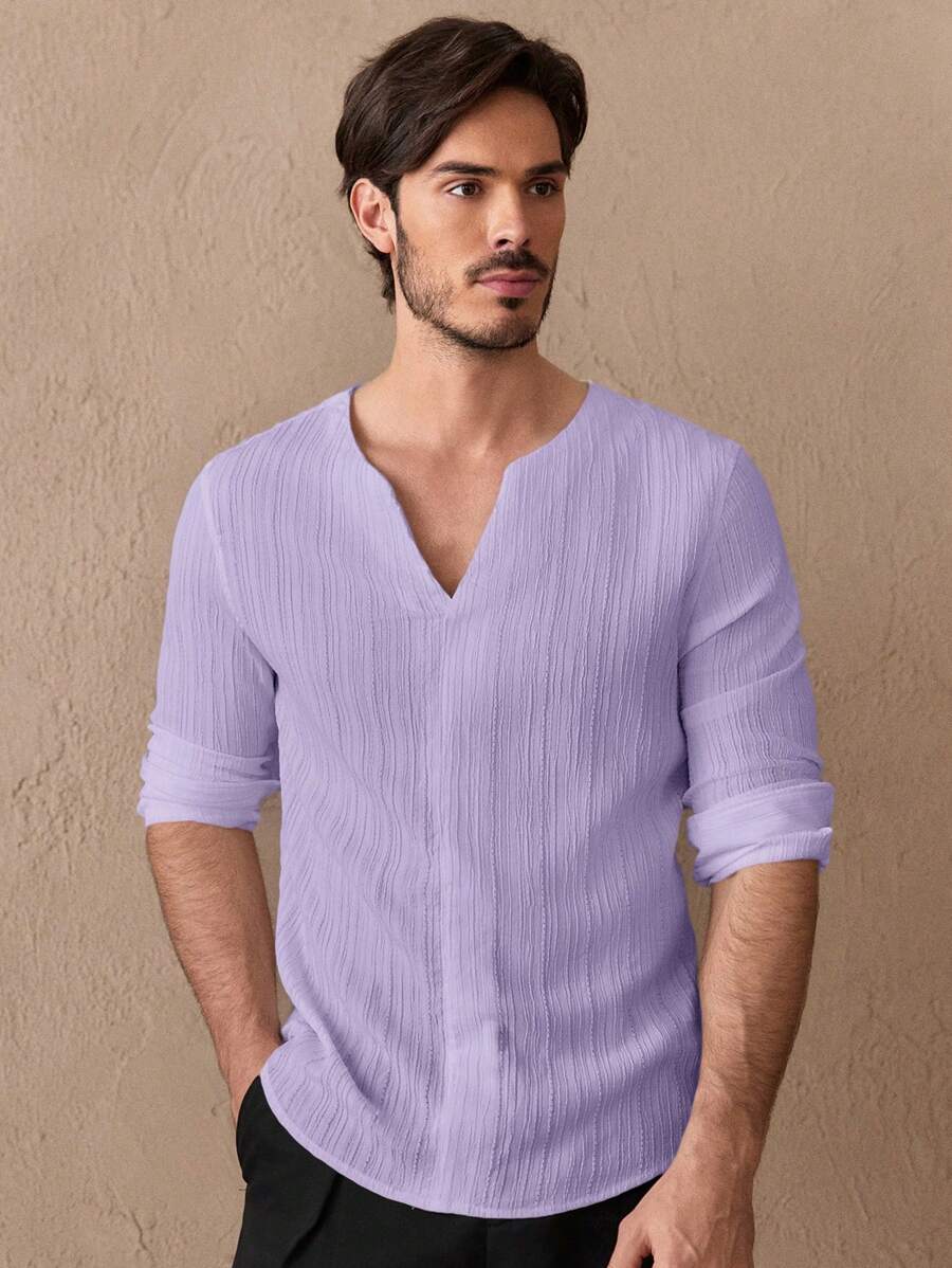 GENTILAND Men's Casual Woven Notched Solid Color Long Sleeve Purple Shirt