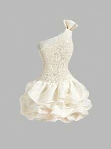 SHEIN MOD Women's Apricot Pleated Peplum Organza Mini Dress,Dresses Graduation,Hawaii Women Outfits,Rave Outfits,Romantic ,Summer ,Festival,Country Outfits,Beach Vacation Wear,Tea Party ,Modest ,Prom Dress