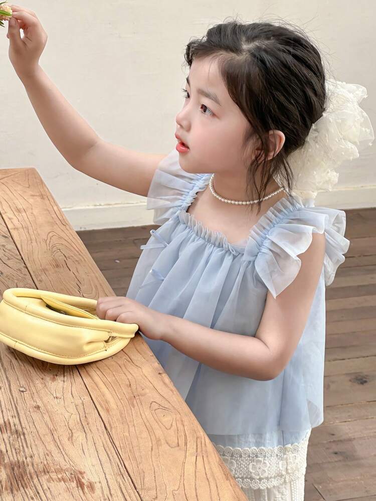Young Girl Summer Cap Sleeve Mesh Blouse + Loose Solid Color Korean Style Long Pants 2pcs Set