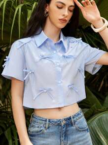Aveloria GENKIRA Blouse ample à manches courtes style casual preppy, avec fleur en nœud de perle - Bleu azur - Voir 4