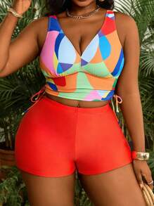 Slaydiva Plus Size Women Geometric Print Side Drawstring Tankini Swimsuit Set, Vacation - Multicolor - View 1