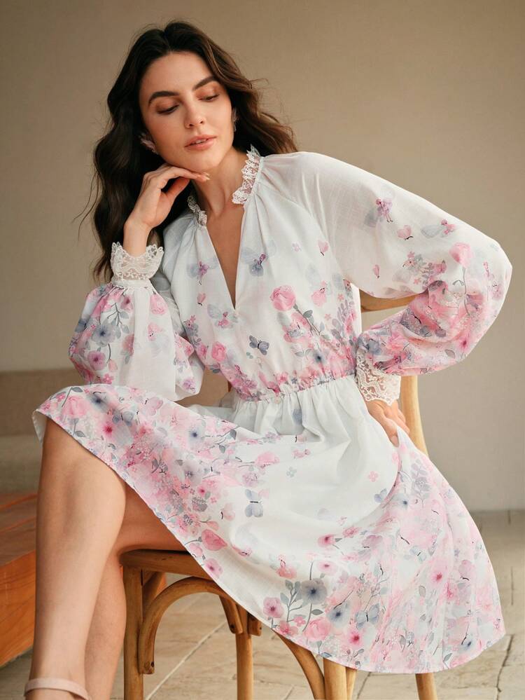 Women Floral Print Frill Trim Raglan Sleeve Elegant Dress, Suitable For Spring, Festival, Elegant, Holiday, Vacation