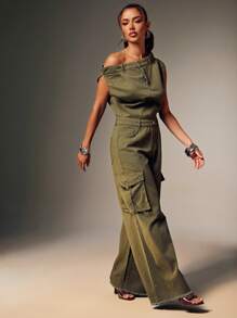 Denimoi Off Shoulder Contrast Stitch Cargo Utility Jumpsuit Denim Jumpsuit - Olive Green - View 5