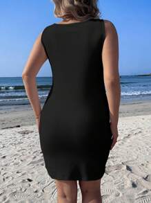 Veykashi Plus Size Women Leopard & Cherry Print Casual Sleeveless Bodycon Dress Suitable For Going Out - Black - View 2