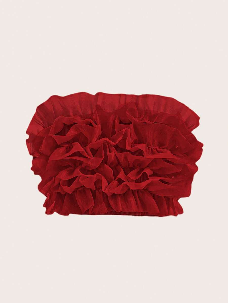 Aveloria Ruffle Trim Mesh Overlay Top Cute Funny Shirts  Elegant Fashionable Style For Summer Spring Fall Autumn