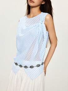 INAWLY Sexy Ribbon Tie Strap Striped Camisole Top For Women, Unique Design Summer New Arrivals - Blue and White - View 6