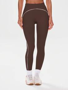 Musera Sport 高腰撞色滚边紧身裤，适合运动健身、板式网球、网球、匹克球等运动。 - 巧克力棕 - 查看 2