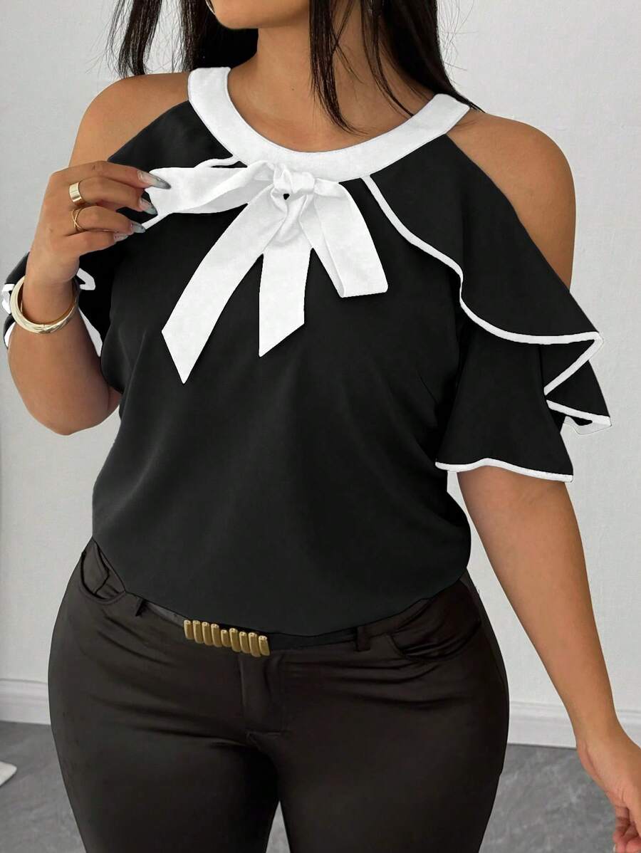 Elenzga 女士优雅短袖撞色镶边镂空衬衫 - 黑與白 - 查看 1