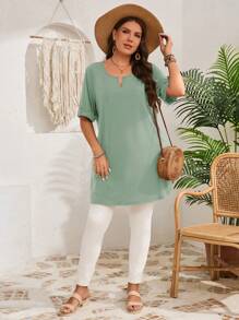 EMERY ROSE Women Plus Size Early Spring Short Sleeve Long Olive Green T-Shirt - Mint Green - View 4