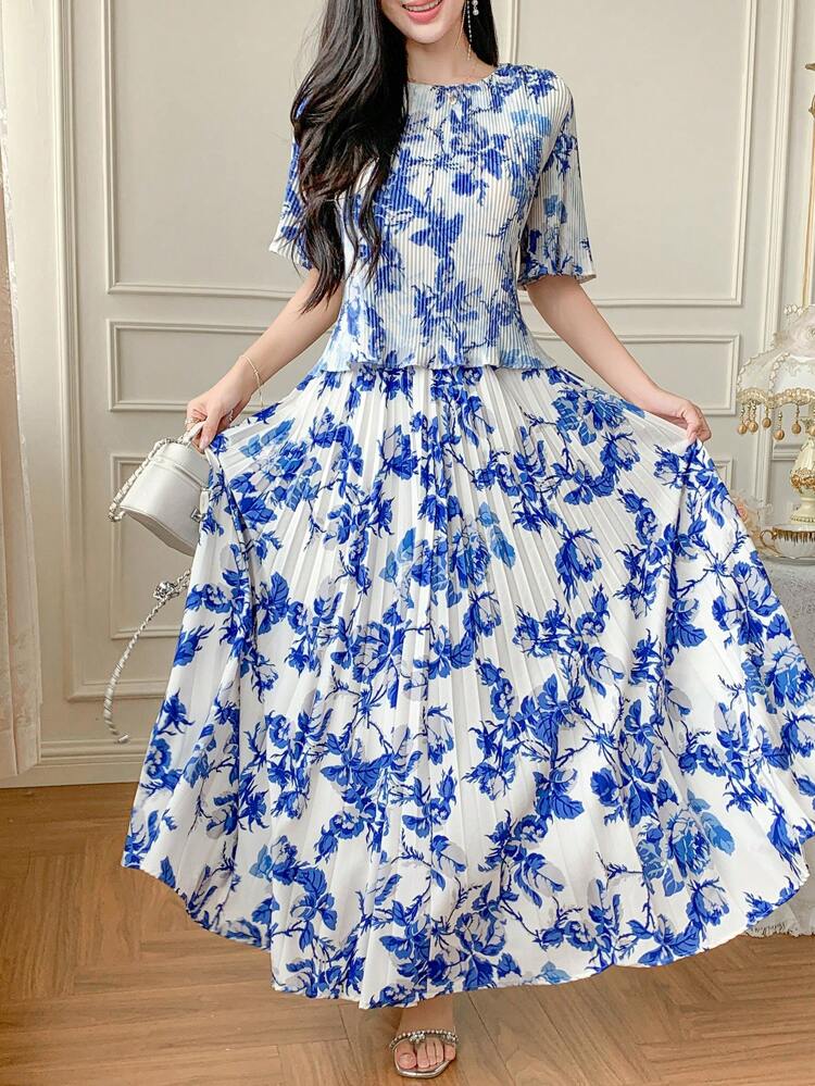 2pcs Set Women Elegant Floral Print Summer Outfit Business Attire