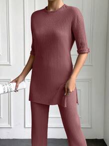 EURMUSE 100%Cotton Drop Shoulder Tee & Pants - Dusty Pink - View 6