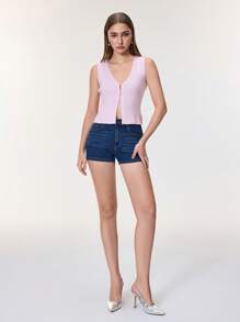 SHEIN Essnce Low Waist Denim Rhinestone Decorated Shorts For Women,New Summer Fashion Casual Elastic Fitted Sexy Slim Attractive Shorts - Blue - View 8
