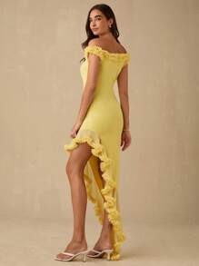 Enchnt Frühlings-/Sommer-Romantik Damen Sonnengelb Rüschen Dekor Off-Shoulder asymmetrisches Saum elastisches schlankes Maxikleid, süß & elegant für Urlaub & Date & Feiertag & Party & Abschluss & Hochzeitsgast & Strand, Abendkleid, Sommerkleider für Damen, Sommerkleider für Damen, Sommerkleidung, elegante Kleider für Partys