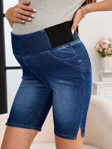 SHEIN Maternity Comfy Washed Denim Shorts With Pockets And Side Slits - Dark Wash - View 4