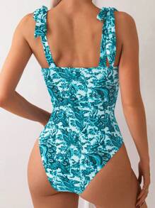 Swim Lushoire 1 buah Baju Renang Terusan Wanita Motif Tumbuhan, Untuk Liburan Musim Panas - Mint Blue - View 2