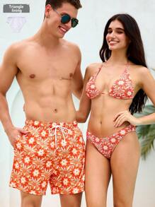 Manfinity VDAYZ Men's All-Over Print Pocket Drawstring Waist Beach Shorts, Suitable For Summer - Orange - View 1