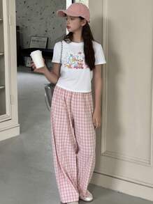 DAZY 2pcs/Set Youth Knit Graphic Print Short Sleeve T-Shirt + Plaid Pants, Spring/Summer - White - View 2