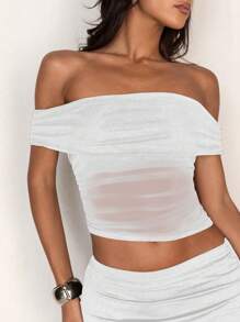 Glamine Bộ 2 món/bộ áo lưới hở vai thanh lịch gợi cảm cho nữ và chân váy dệt kim đuôi cá, mùa hè - trắng - Xem 7