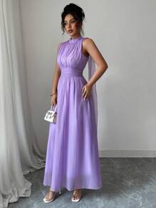 Elenzga Váy suông cổ bẻ xếp nếp thanh lịch ôm sát eo cho nữ, đa năng để mặc hàng ngày, đi chơi, đi nghỉ, đi dã ngoại, mua sắm, v.v., mùa hè - Màu tím - Xem 5