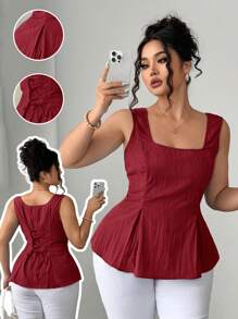 Elenzga Áo cánh chữ A cổ vuông thanh lịch kiểu Pháp cỡ lớn cho nữ - Đỏ - Xem 1