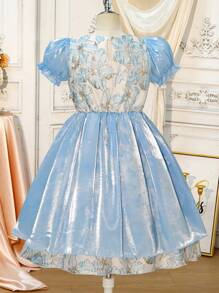 SHEIN Tween 女童优雅 3D 纹理花卉和蝴蝶结装饰泡泡袖缎面 A 字公主裙，适合春夏季派对 - 藍色 - 查看 2