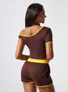Hanevo 2pcs/Set Summer Knitted Contrast Color Asymmetrical Neck Top And Shorts Fashion Set Sportwear For Daily Wear - Coffee Brown - View 2