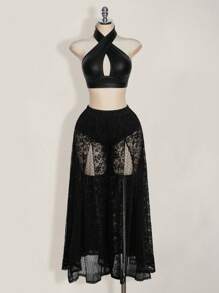 SHEIN ICON 大码高腰波点蕾丝和网眼拼布加长裤 - 黑色 - 查看 6