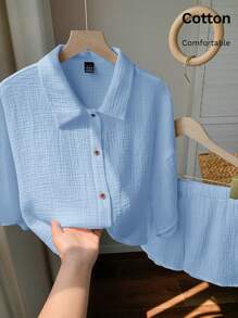 Comfortcana 2件套女士夏季蓝色度假衬衫和短裤套装 - 藍色 - 查看 5