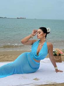 Flirla 加大码深垂领透明两件套吊带泳衣，搭配纯色纱笼裙