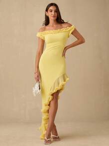 Enchnt Frühlings-/Sommer-Romantik Damen Sonnengelb Rüschen Dekor Off-Shoulder asymmetrisches Saum elastisches schlankes Maxikleid, süß & elegant für Urlaub & Date & Feiertag & Party & Abschluss & Hochzeitsgast & Strand, Abendkleid, Sommerkleider für Damen, Sommerkleider für Damen, Sommerkleidung, elegante Kleider für Partys