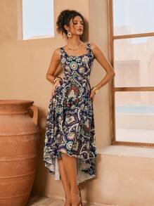 SHEIN Swim Gaun Midi Tanpa Lengan Motif Botanis Wanita, Modis & Romantis untuk Musim Panas - Biru - View 7