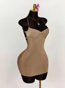 Amplova 后背交叉系带褶饰露背连衣裙 - 卡其色 - 查看 4