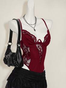 SHEIN ICON Y2K 春季嘉年华蕾丝拼布短款吊带背心上衣高腰露背女式吊带背心 - 酒紅色 - 查看 7