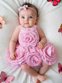 SHEIN Glamorique Kids 女婴3D花卉派对公主裙，可爱适合夏日派对 - 藕粉色 - 查看 1