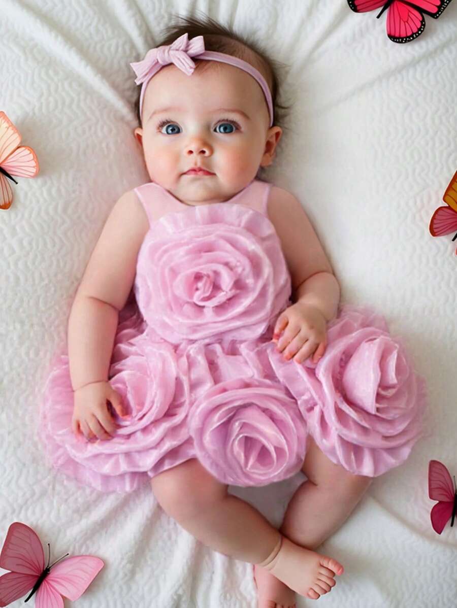 SHEIN Glamorique Kids 女婴3D花卉派对公主裙，可爱适合夏日派对 - 藕粉色 - 查看 1